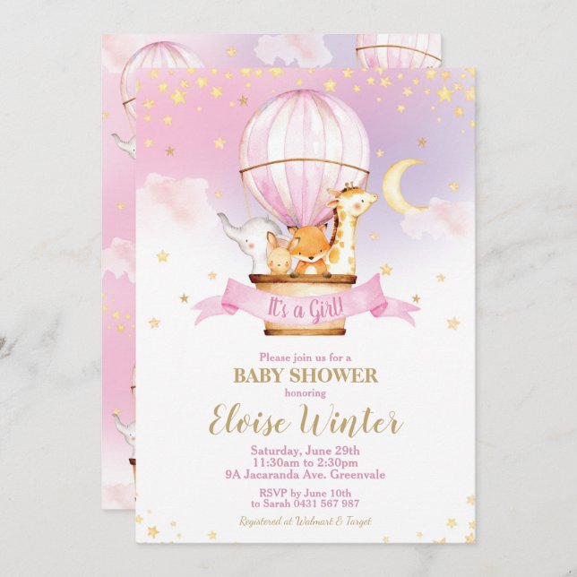 Hot Air Balloon Baby Shower Jungle Animals Girl Invitation (Front/Back)