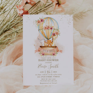 Hot Air Balloon Baby Shower Jungle Animals Girl Invitation