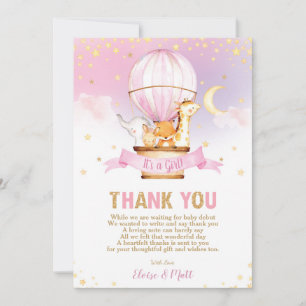 Hot Air Balloon Baby Shower Jungle Animals Girl Thank You Card