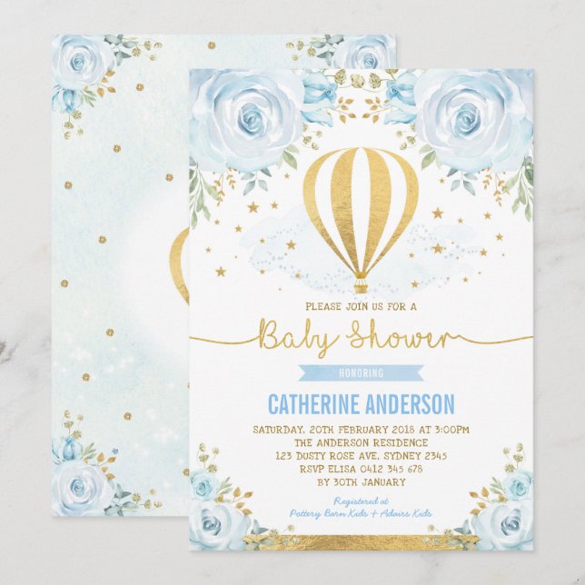 Hot Air Balloon Baby Shower Pastel Blue Floral Invitation (Front/Back)