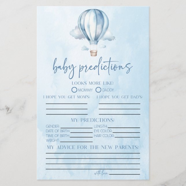 Hot Air Balloon Baby Shower Predictions Game (Front)