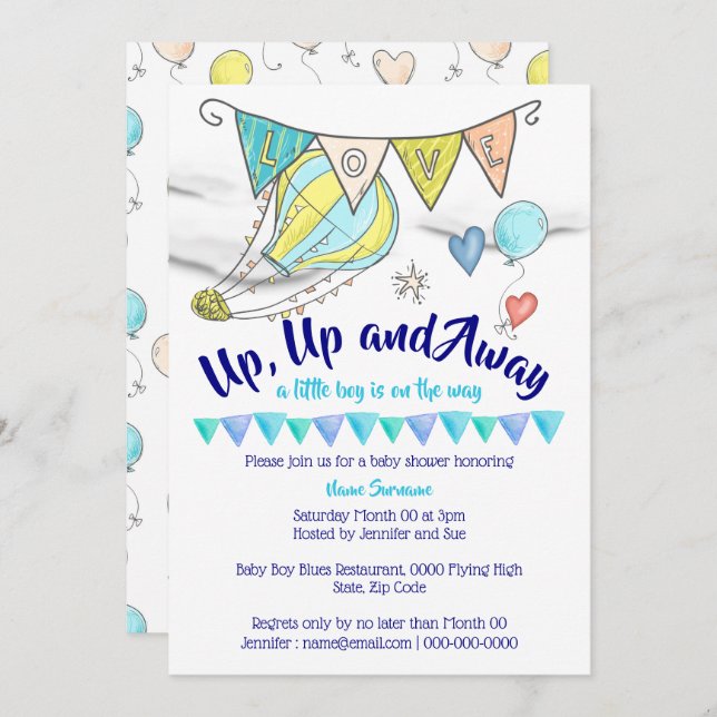 Hot air balloon baby shower travel boys flags invitation (Front/Back)