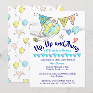 Hot air balloon baby shower travel boys flags invitation