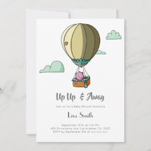 Hot Air Balloon Bear Girl Pink Baby Shower Invitation