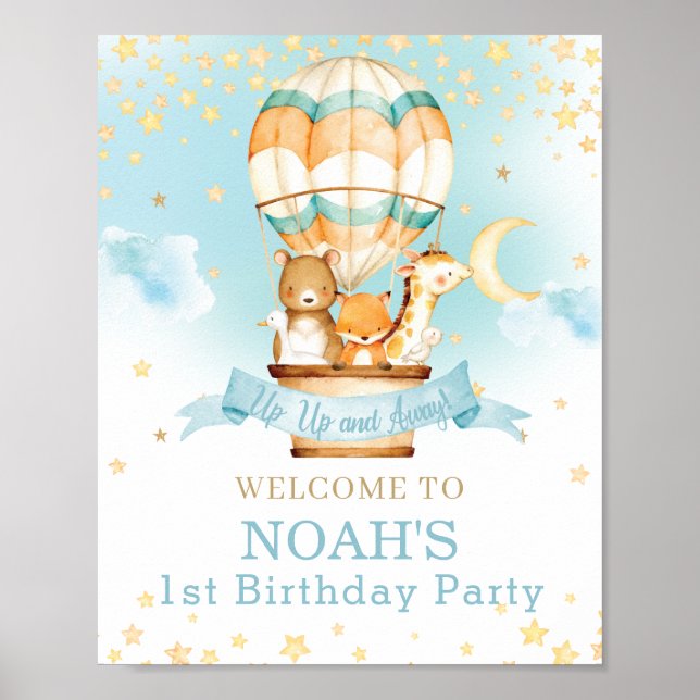 Hot Air Balloon Birthday Cute Animals Welcome Poster (Front)