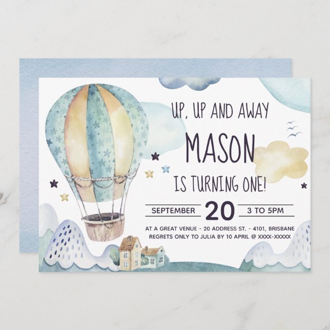Hot Air Balloon Birthday Invitation (Front/Back)