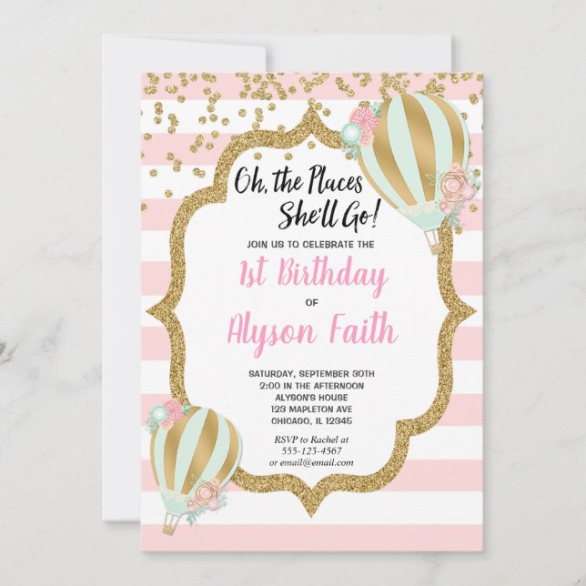 Hot air balloon birthday invitations, pink gold invitation (Front)