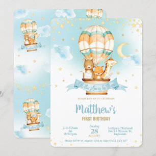 Hot Air Balloon Birthday Party Cute Animals Bear  Invitation