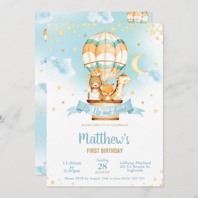 Hot Air Balloon Birthday Party Cute Baby Animals Invitation (Front/Back)