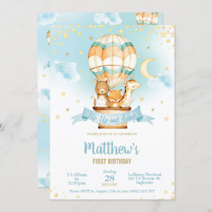 Hot Air Balloon Birthday Party Cute Baby Animals Invitation