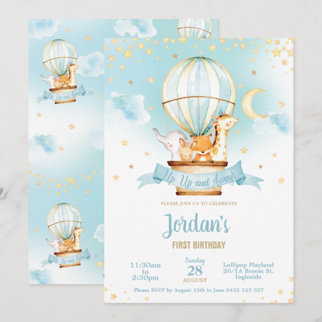 Hot Air Balloon Birthday Party Cute Jungle Animals Invitation (Front/Back)