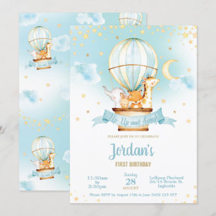 Hot Air Balloon Birthday Party Cute Jungle Animals Invitation