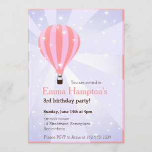 Hot air balloon birthday party pink purple hearts invitation