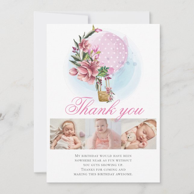 Hot Air Balloon Birthday Photo Collage Thank you Card (Front)