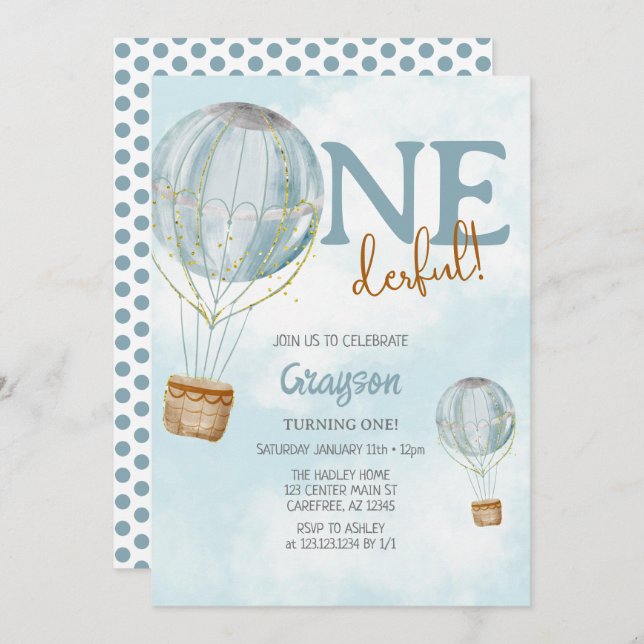 Hot Air Balloon Blue 1st Birthday Invitation (Front/Back)
