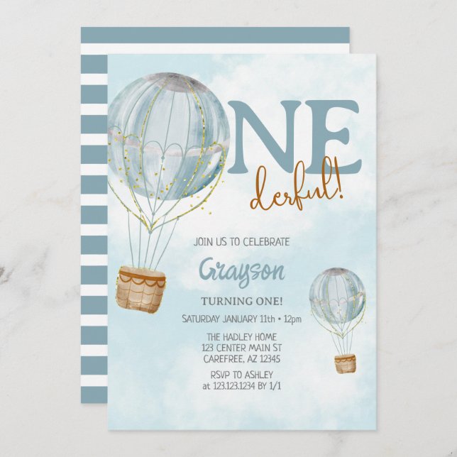 Hot Air Balloon Blue 1st Birthday Invitation (Front/Back)