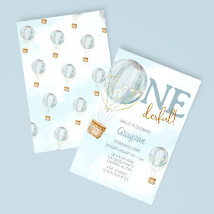 Hot Air Balloon Blue 1st Birthday Invitation