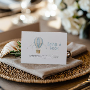 Hot air balloon blue baby shower bring a book card