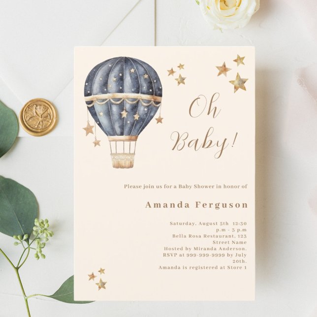 Hot air balloon blue boy stars beige Baby Shower Invitation (Creator Uploaded)
