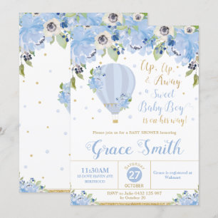 Hot Air Balloon Blue Floral Baby Shower Boy Invitation