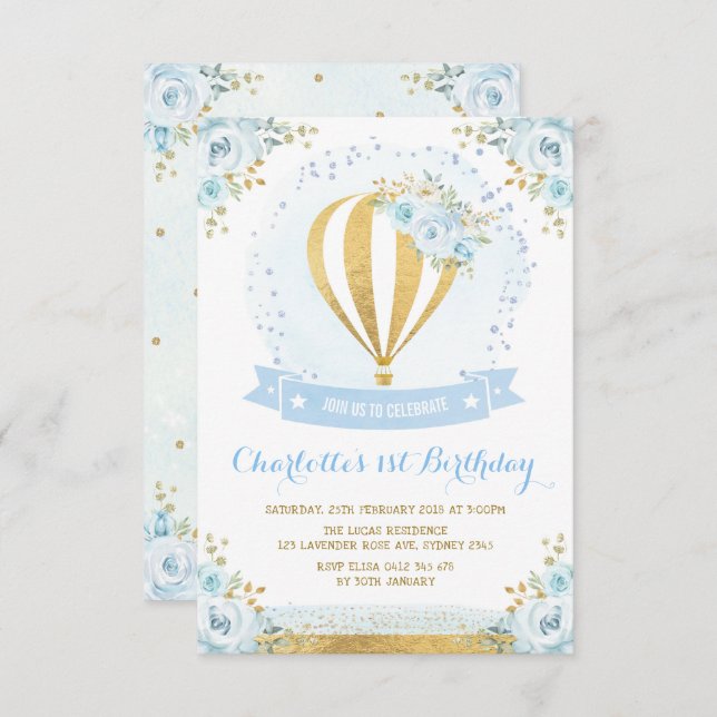 Hot Air Balloon Blue Gold Floral Rose 1st Birthday Invitation (Front/Back)