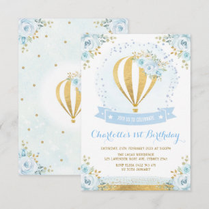 Hot Air Balloon Blue Gold Floral Rose 1st Birthday Invitation