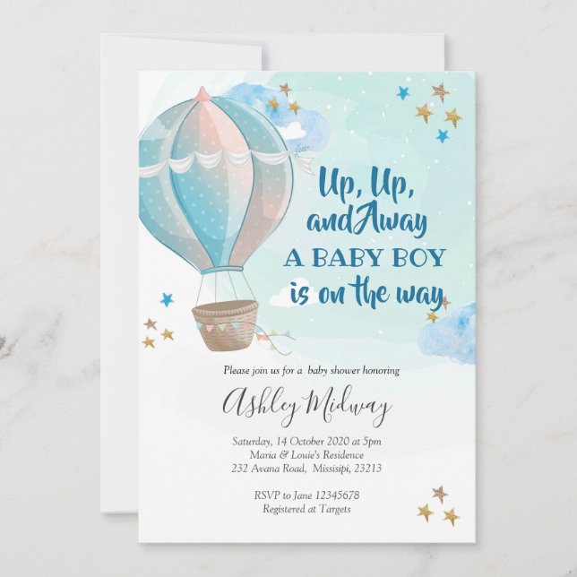 Hot Air Balloon Boy Baby Shower Invitation (Front)