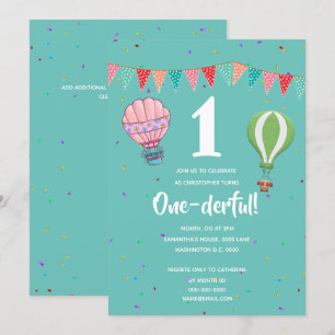 Hot air balloon bunting first birthday boy girl invitation
