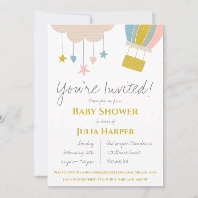 Hot Air Balloon & Cloud Gender Neutral Baby Shower Invitation (Front)