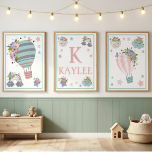 Hot Air Balloon Cloud, Rainbow, Moon Art Print Set