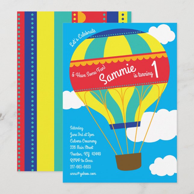 Hot Air Balloon Colourful 1st Birthday Invitations (Front/Back)