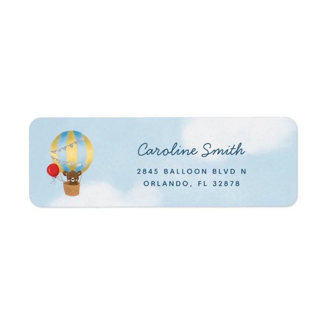 Hot Air Balloon Cute Bear Blue Return Address Label (Front)
