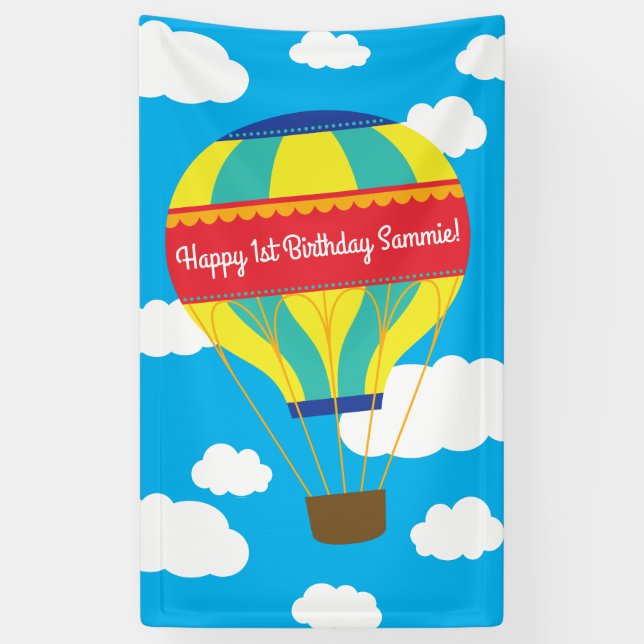 Hot Air Balloon Cute Colourful 1st Birthday Party Banner (Vertical)