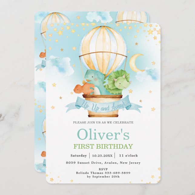 Hot Air Balloon Cute Dinosaurs Birthday Party Boy  Invitation (Front/Back)
