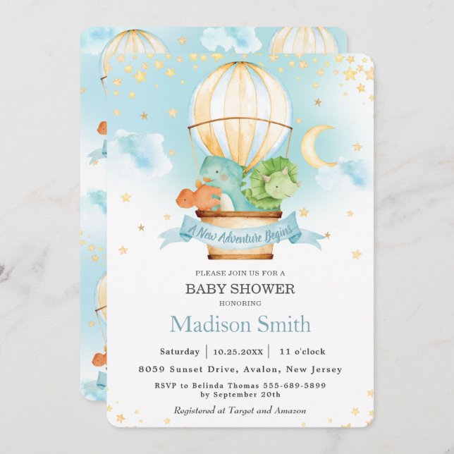 Hot Air Balloon Cute Dinosaurs Boy Baby Shower  Invitation (Front/Back)