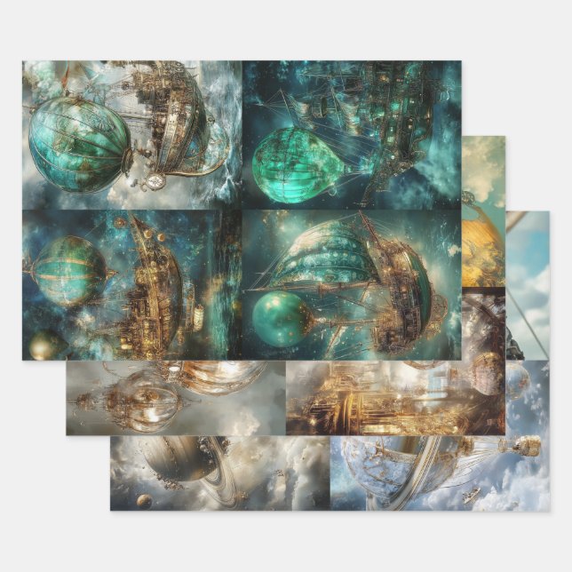Hot Air Balloon Designs & Steampunk  Wrapping Paper Sheet (Set)