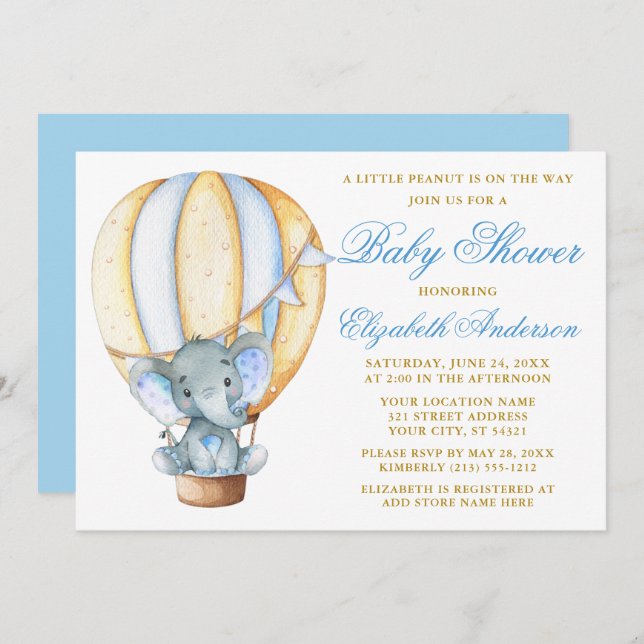 Hot Air Balloon Elephant Peanut Gold Baby Shower Invitation (Front/Back)