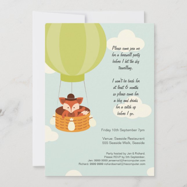 Hot Air Balloon Farewell Bon Voyage Party invite (Back)