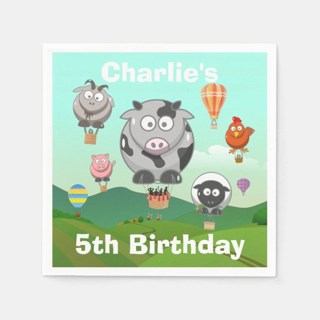 Hot Air Balloon Farm Animals Custom Birthday Napkin (Front)