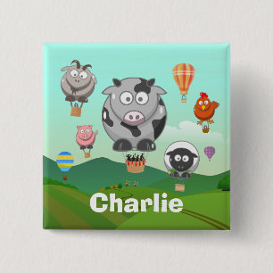 Hot Air Balloon Farm Animals Personalised 15 Cm Square Badge