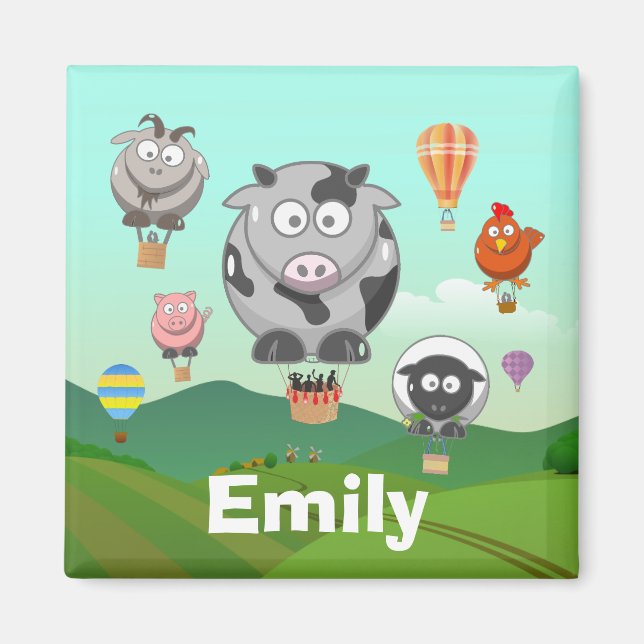 Hot Air Balloon Farm Animals Personalised Kids Magnet (Front)
