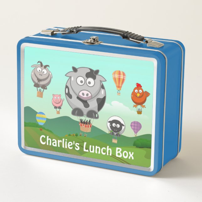 Hot Air Balloon Farm Animals Personalised Metal Lunch Box (Front)