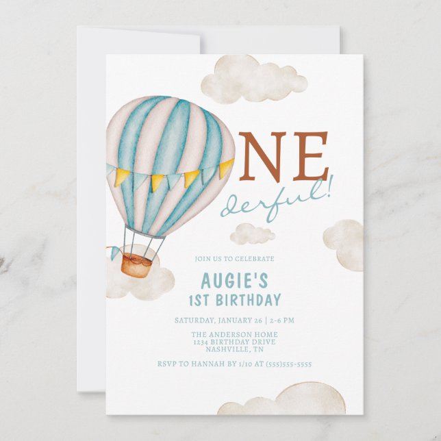 Hot Air Balloon First Birthday Invitation (Front)