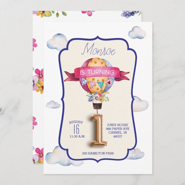 Hot Air Balloon First Birthday Party Invitations (Front/Back)