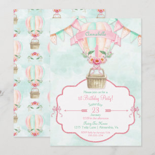 Hot Air Balloon First Birthday Pink Mint Peach Invitation