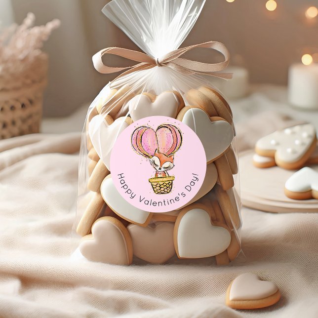 Hot Air Balloon Fox Happy Valentine's Day Classic Round Sticker (Creator Uploaded)