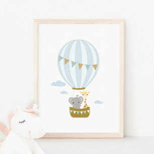Hot Air Balloon Giraffe & Elephant Nursery Poster