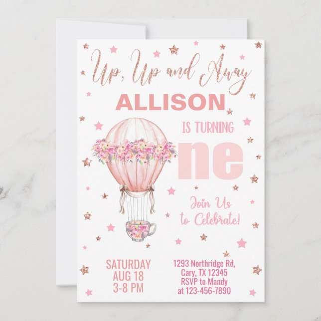 Hot air balloon girl 1st first birthday invite. invitation (Front)