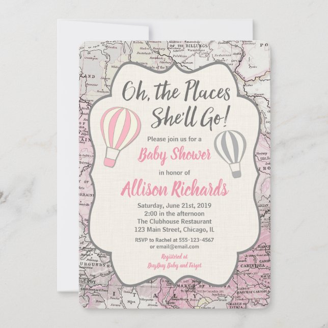 Hot Air balloon girl baby shower invitations pink (Front)