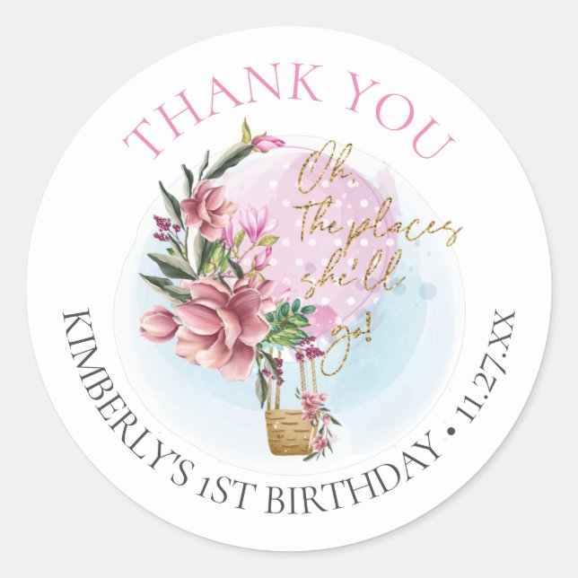 Hot Air Balloon Girl Birthday Thank you Classic Round Sticker (Front)